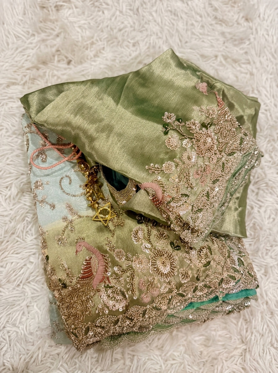 Royal Sage Green Silk Saree with Sequin & Zari Embroidery