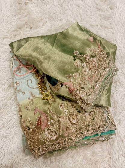 Royal Sage Green Silk Saree with Sequin & Zari Embroidery
