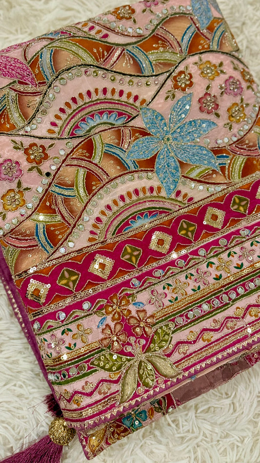 Pastel Blush Pink Multicolor Embroidered Crepe Designer Saree with Mirror Work & Stitched Blouse