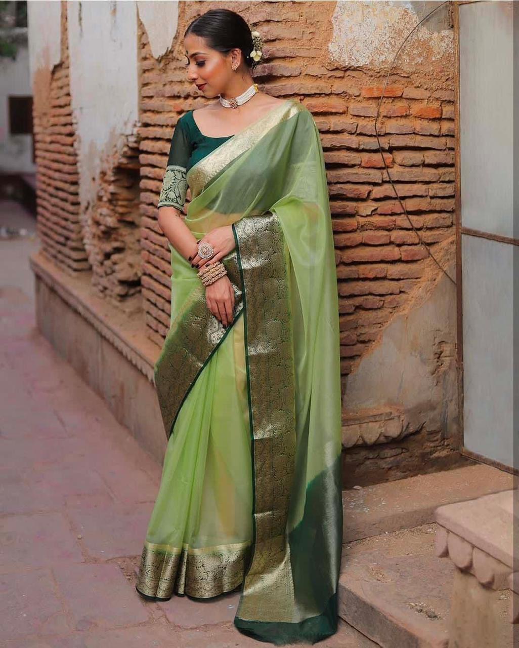 Whispers of Weave – Kora Organza Jacquard Saree with Pure Zari Elegance