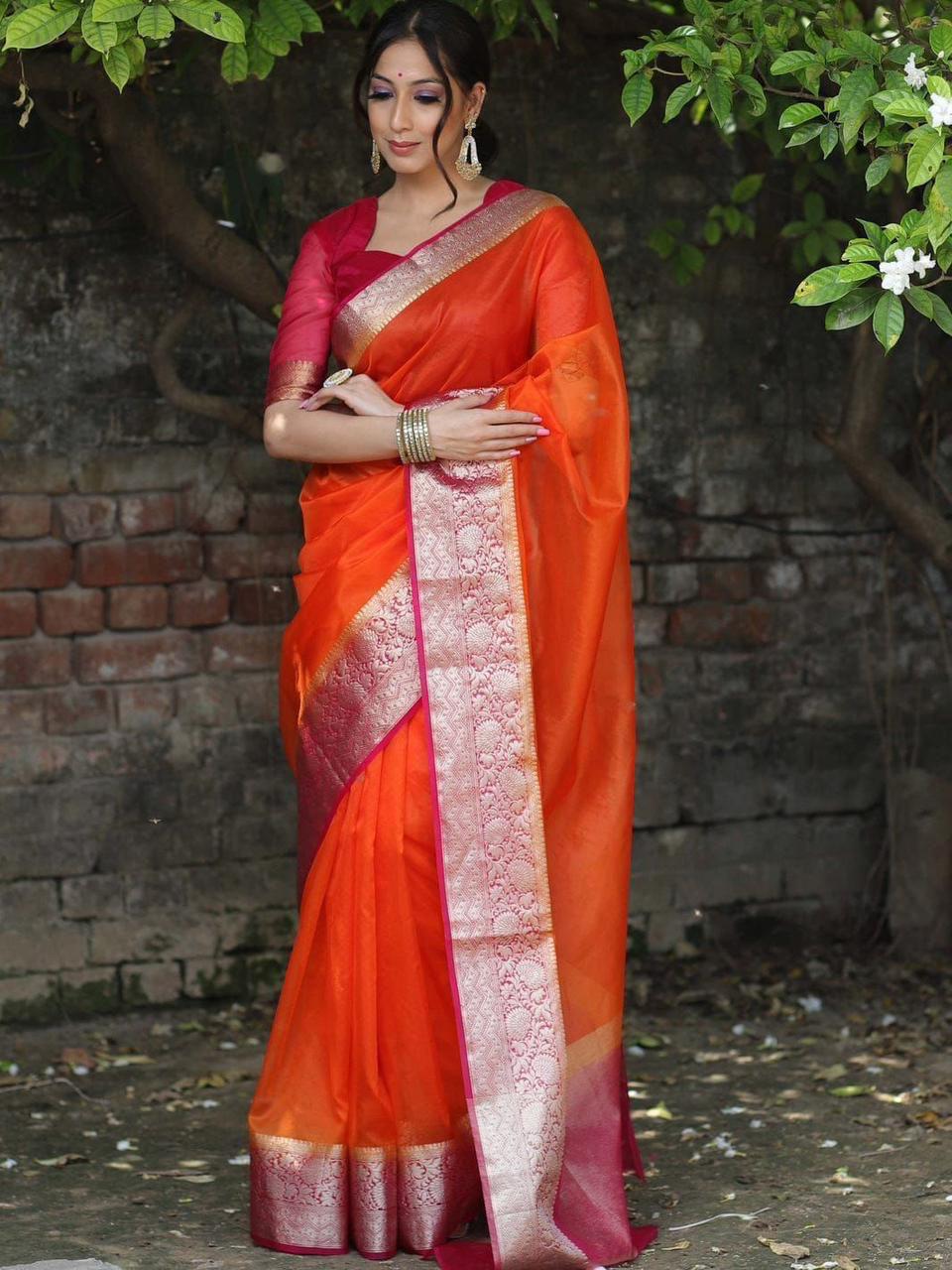 Whispers of Weave – Kora Organza Jacquard Saree with Pure Zari Elegance
