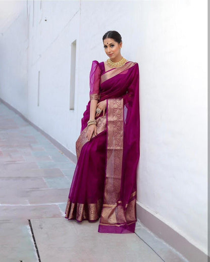 Whispers of Weave – Kora Organza Jacquard Saree with Pure Zari Elegance