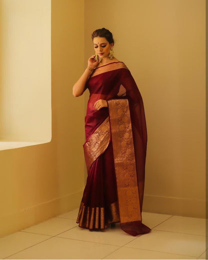 Whispers of Weave – Kora Organza Jacquard Saree with Pure Zari Elegance