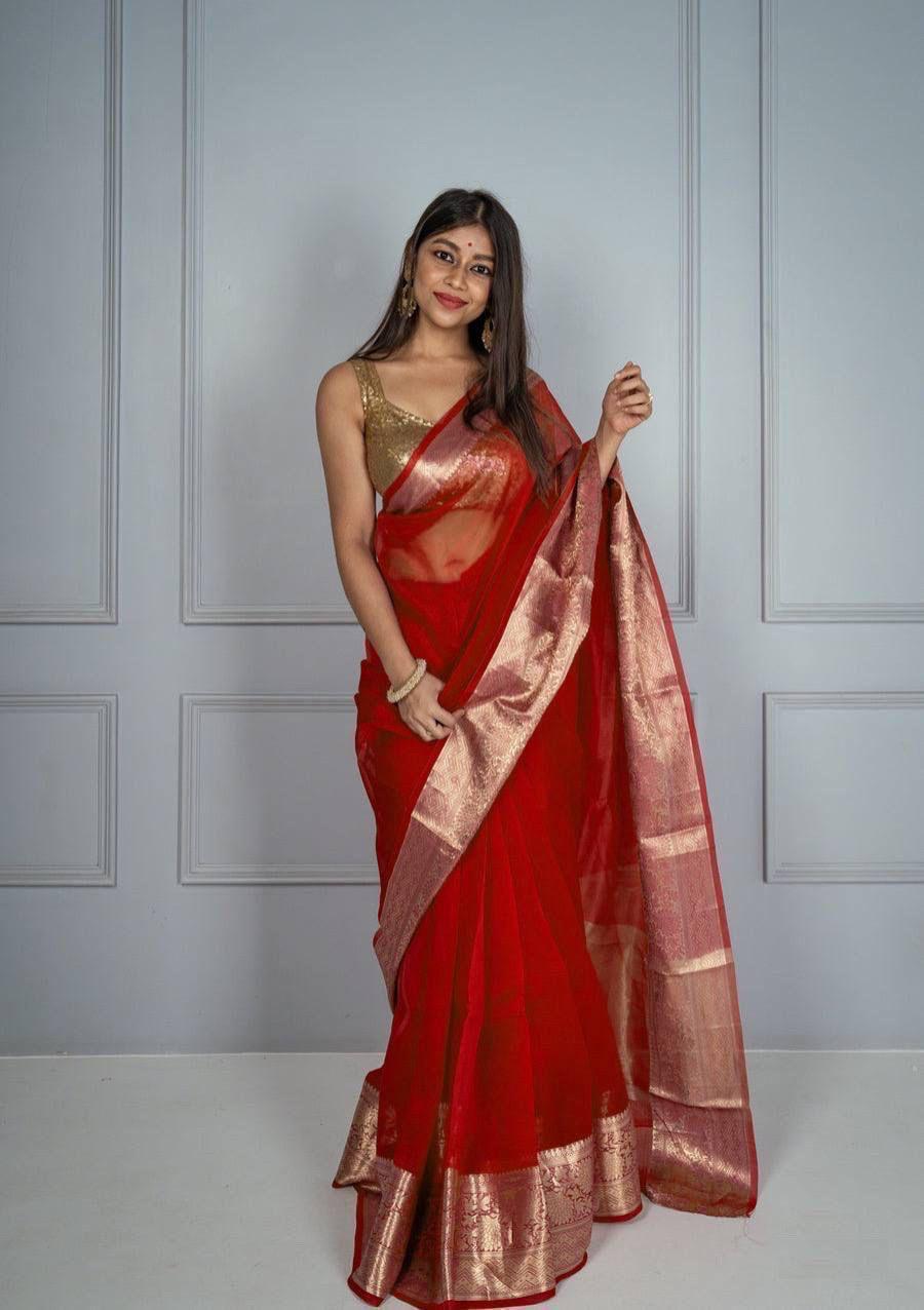 Whispers of Weave – Kora Organza Jacquard Saree with Pure Zari Elegance