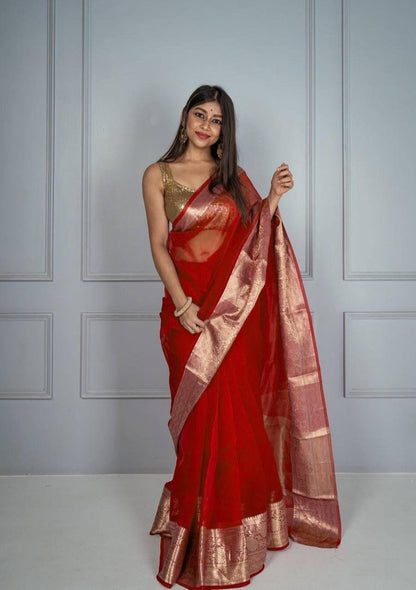Whispers of Weave – Kora Organza Jacquard Saree with Pure Zari Elegance
