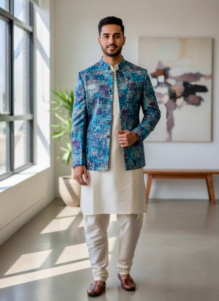 Men’s Cream Kurta Pajama Set with Multicolor Nehru Jacket – Festive & Wedding Wear