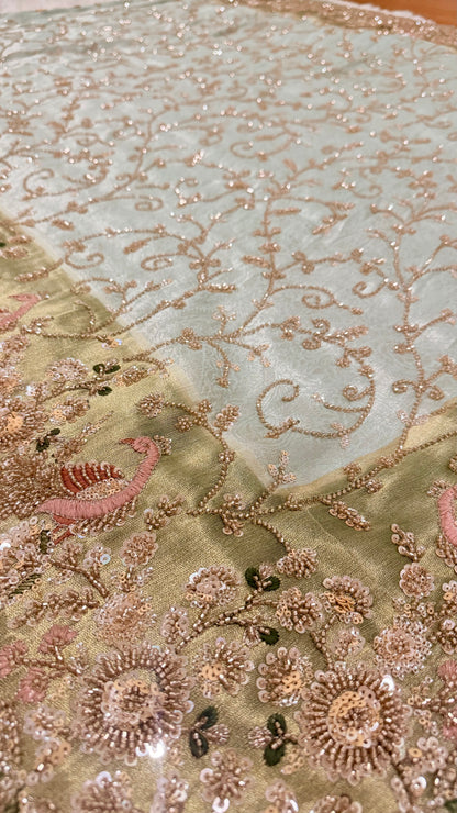 Royal Sage Green Silk Saree with Sequin & Zari Embroidery