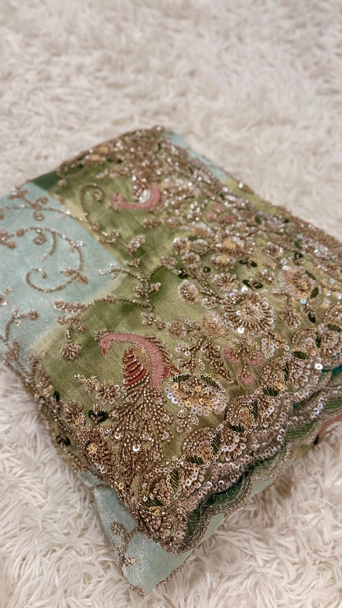 Royal Sage Green Silk Saree with Sequin & Zari Embroidery