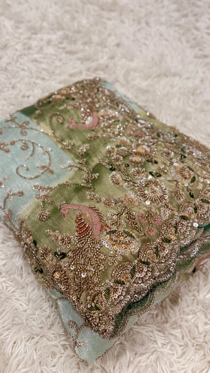 Royal Sage Green Silk Saree with Sequin & Zari Embroidery