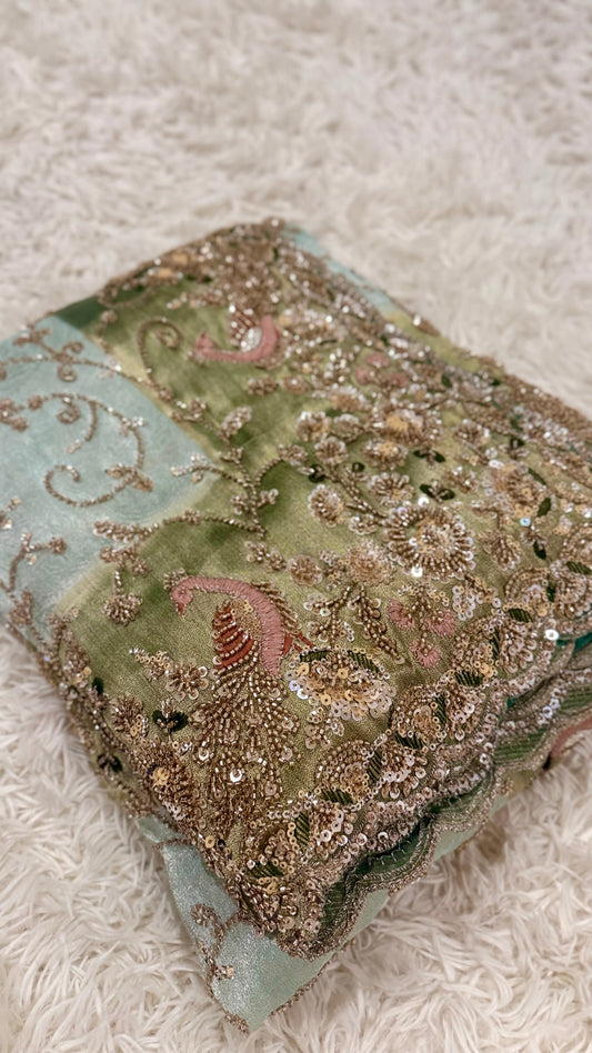 Royal Sage Green Silk Saree with Sequin & Zari Embroidery