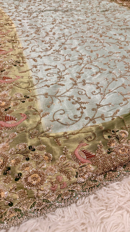Royal Sage Green Silk Saree with Sequin & Zari Embroidery