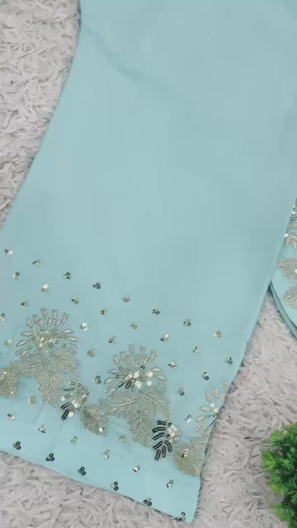 Sky Blue Designer Crepe Silk Palazzo Suit Set with Organza Dupatta
