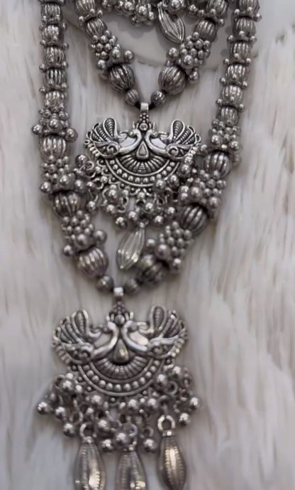 Elegant Oxidized Triple Layer Long Necklace Set  With Bangles