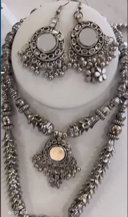 Premium Oxidized German Silver Mirror Jewelry Set | Boho Rani Haar, Earrings, Belt & Cuff Kadas