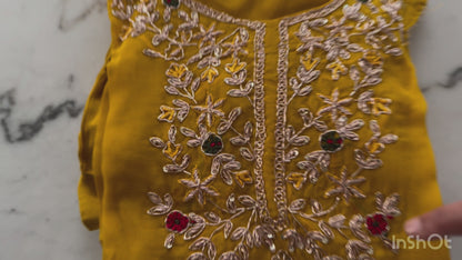 Yellow Floral Neckline Indian Suit with Pearl Embellishments